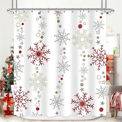 Christmas Shower Curtain 60Wx72L Inch Snowflake Winter Shower Curtain Bathroom Set Red Red Grey White Big Small Snowflakes Merry Xmas Holiday Kids Bath Curtain Bathtub Accessories Home Decor