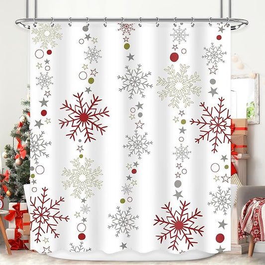 Christmas Shower Curtain 60Wx72L Inch Snowflake Winter Shower Curtain Bathroom Set Red Red Grey White Big Small Snowflakes Merry Xmas Holiday Kids Bath Curtain Bathtub Accessories Home Decor