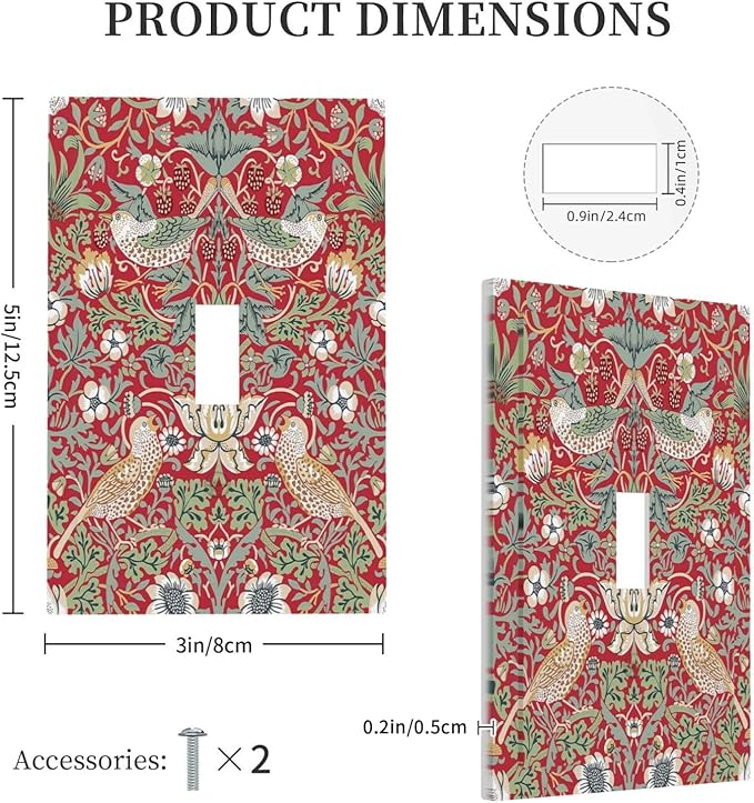 William Morris Strawberry Thief Botanical Red Green 1 Gang Light Switch Covers Single Toggle Wall Plate Decorative Switchcover Electrical Switchplate for Country Bathroom Bedroom Kitchen Decor