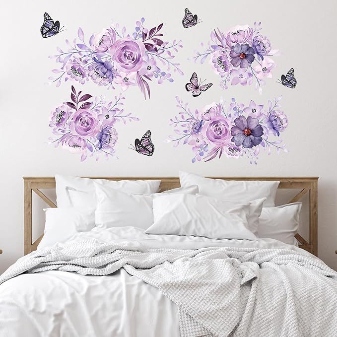 Zonon Flowers Wall Decals Vinyl Dragonflies Flowers Wall Stickers Removable Floral Wall Murals Peel and Stick Colorful Flower Wall Decor for Bedroom Living Room Nursery(Flower and Butterfly)