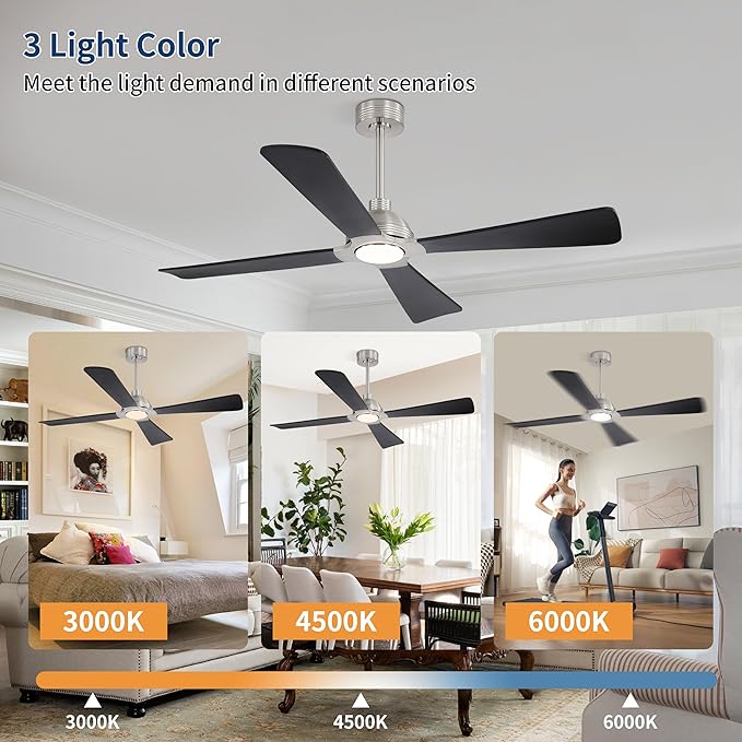 WINGBO 56 Inch DC Ceiling Fan with Lights and Remote, 4 Solid Wood Blades, 3CCT, 6-Speeds Reversible DC Motor, Modern Ceiling Fan for Bedroom Living Room Kitchen, Brushed Nickel and Black