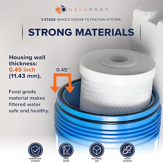 Aquaboon 3-Stage Whole House Water Filter System - Freestanding Stainless-Steel Bracket w/Pressure Gauges - Home Water Filtration System with 20x4,5" Sediment, Activated Carbon Block, KDF Water Filter