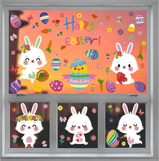 174 PCS Cute Easter Window Cling Stickers for Home Decoration,Easter Bunny Eggs Window Cling Stickers Decals for Kids, Egg Hunt Games Decals Home Party Supplies