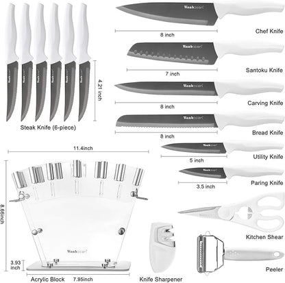 Wanbasion 16pcs White Kitchen Knife Set with Block, Stainless Steel Knives Set for Kitchen, Professional Chef Knife Sets for Kitchen with Sharpener Acrylic Block