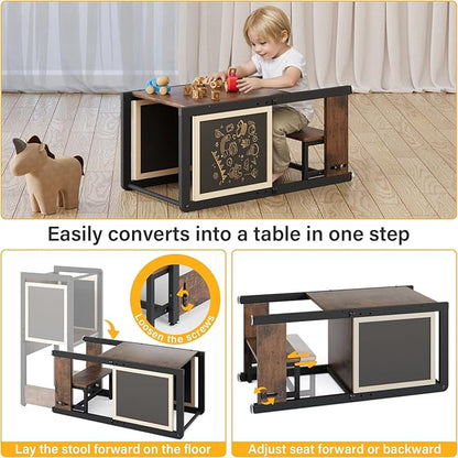 Toddler Kitchen Stool Helper - 4 in 1 Toddler Stool with Chalkboard Safety Rail, Adjustable Height Kids Standing Tower for Kitchen Counter, Wooden Learning Step Stool for 1-3