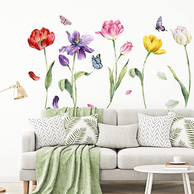 Zonon Flowers Wall Decals Vinyl Dragonflies Flowers Wall Stickers Removable Floral Wall Murals Peel and Stick Colorful Flower Wall Decor for Bedroom Living Room Nursery(Tulip)