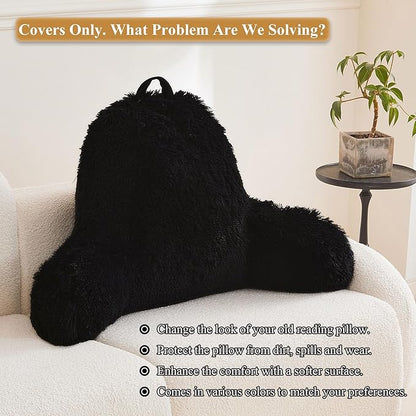 XeGe Faux Fur Reading Pillow Cover (No Filler), Fluffy Backrest Pillow Case for Sitting in Bed, Adults Kids Shaggy Sit Up Back Support Study Pillow Cover for Couch Chair Home Decoration, Black