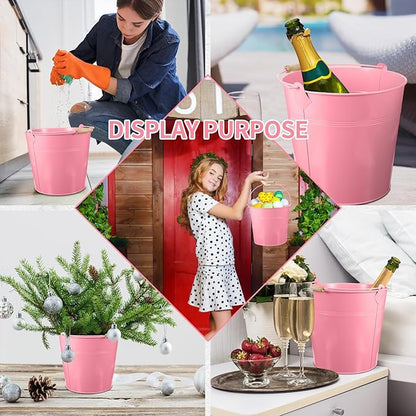 12 Pcs Large Galvanized Metal Buckets with Handle 10 Inch Heavy Duty Stainless Steel Pails Round Pail for Party Wedding, Crafts, Utensils, Table Centerpieces (Pink)