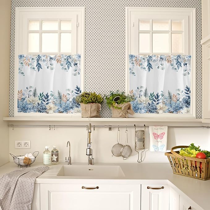 Vandarllin Blue Christmas Poinsettia Kitchen Curtains and Valances Set, Winter Eucalyptus Leaves Windows Treatments Tiers Half/Short Curtains for Small Windows Cafe/Living Room/Bedroom 54x24 in