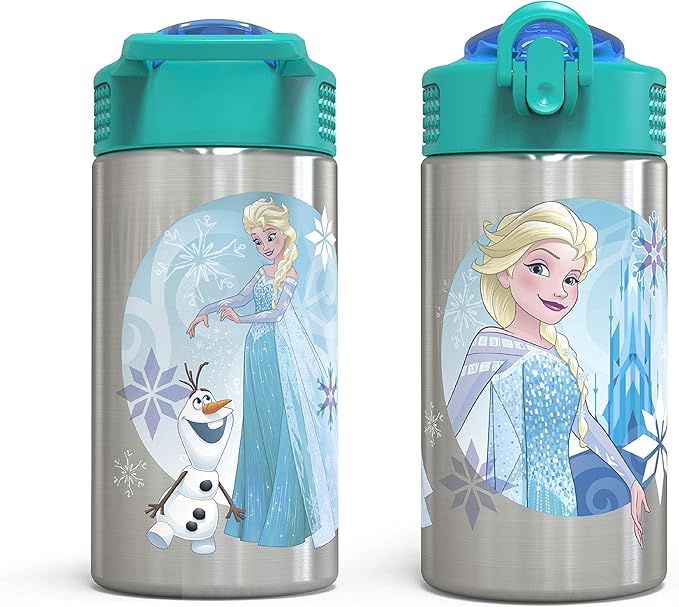 Zak Designs 15.5oz Stainless Steel Kids Water Bottle with Flip-up Straw Spout - BPA Free Durable Design, Frozen Girl SS