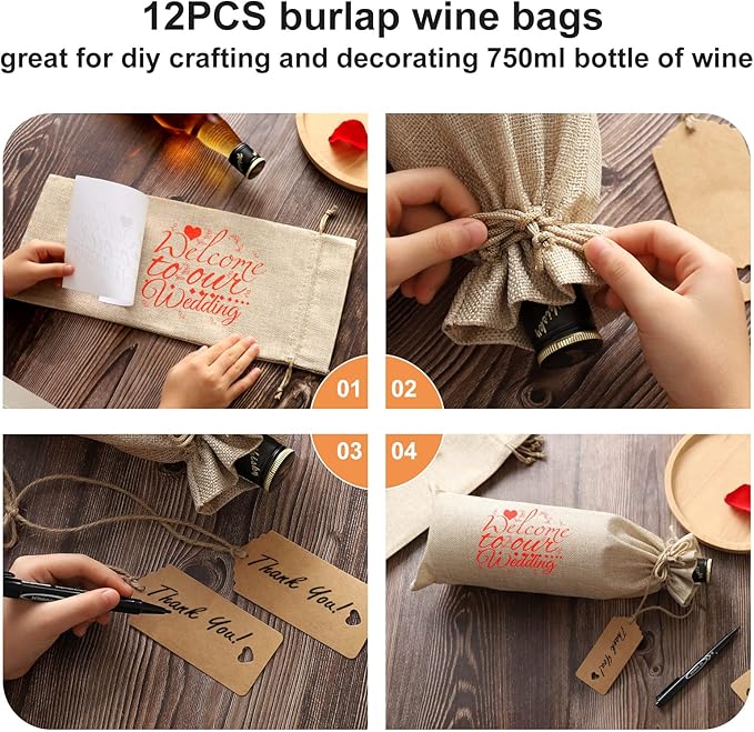 Reusable Burlap Wine Bag, 12PCS Wine Gift Bags for Wine Bottles with Gift Tags, Wine Bottle Bags for Wedding, Birthday, Christmas, Halloween, Travel, Party, Home Storage