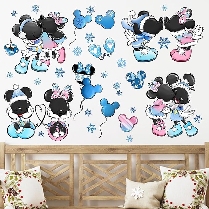 Mfault Cartoon Mouse Winter Wall Decals Stickers, Blue Snowflake Balloon Glove Hot Cocoa Decorations Bedroom Art, 2025 New Year Christmas Holiday Home Kitchen Decor Party Supplies