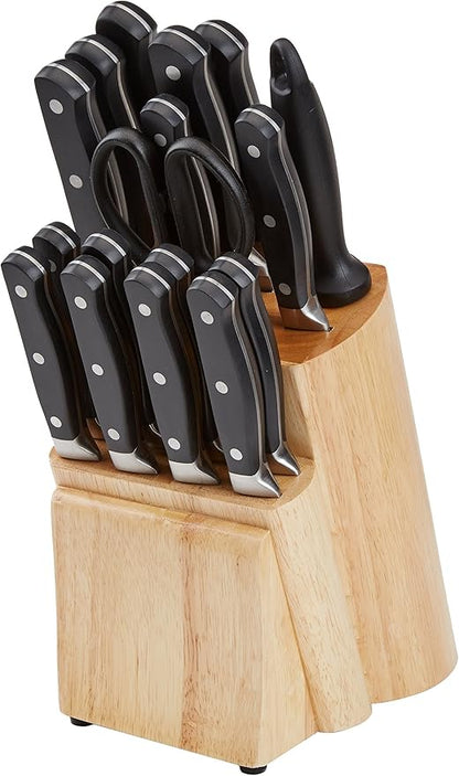 Amazon Basics 18-Piece Premium Kitchen High-Carbon Stainless Steel Blades with Pine Wood Knife Block Set, Black