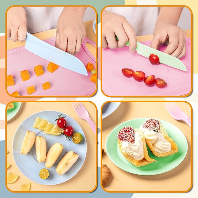 TJ POP Knives for Kids, 6 Pcs Kids Knives Set for Real Cooking, Safe Kitchen Knives Set for Children,Toddler Knife with Cutting Board & Dishes, Kids' Baking Supplies, BPA-Free (Colorful)