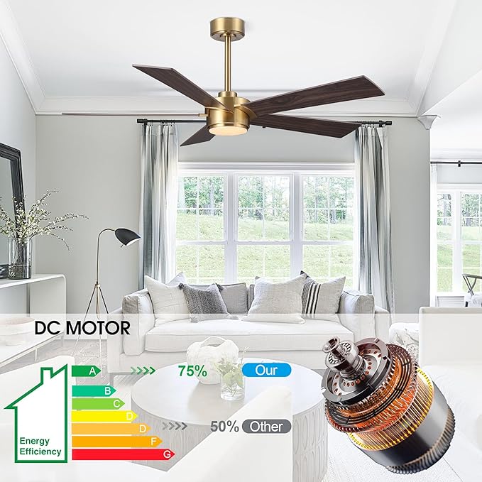 54" Ceiling Fan with Light and Remote Control, Modern Dimmable LED Light, 6-Speed Noiseless Reversible DC Motor, 5 Plywood Ceiling Fan for Kitchen Bedroom Living Room NAB Gold/Walnut