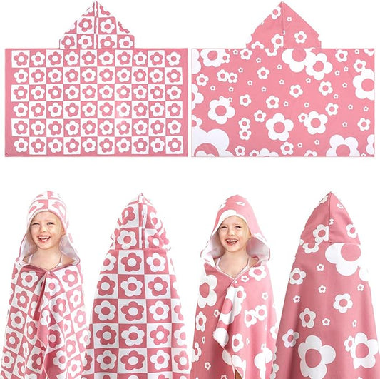 2 Pcs Flower Kids Hooded Bath Towel 50 x 30 Kids Hooded Beach Bath Towels Pink Microfiber Girls Bath Towels Pool Beach Towel Wrap for 3-12 Years Girls Toddlers Swimming Cover up 2 Design