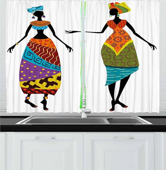 Ambesonne African Kitchen Curtains, Ladies in Traditional Costume Silhouettes Ethnicity Vintage Display, Window Drapes 2 Panel Set for Kitchen Cafe Decor, 55" x 24", Black Orange