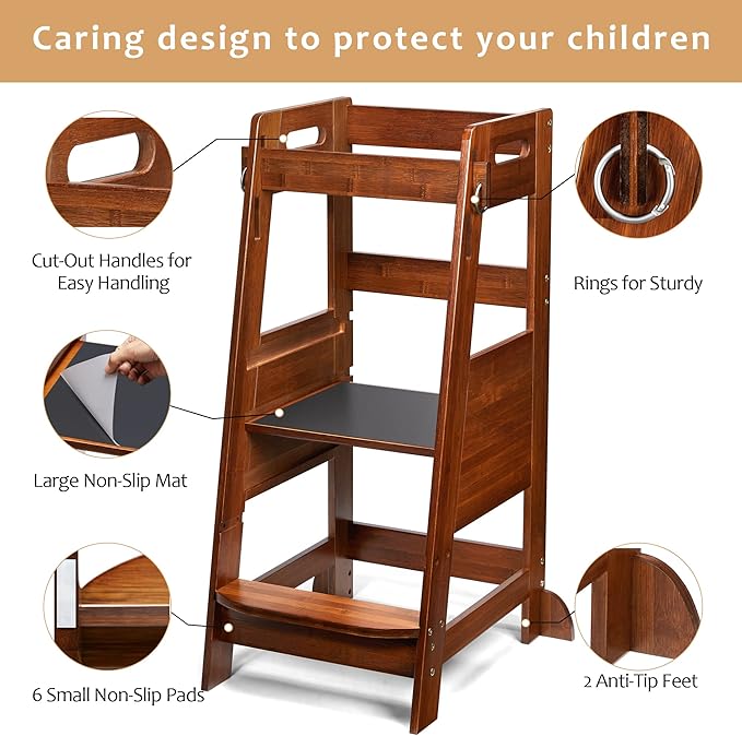 TOETOL Bamboo Toddler Kitchen Step Stool Helper Standing Tower Height Adjustable with Anti-Slip Protection