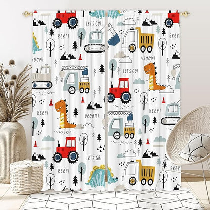 82" Wx 84" L Cartoon Engineering Car Window Curtains Lovely Dinosaur for Baby Room Bedroom Nursery Home Decor Decorations with Fabric Machine Washable