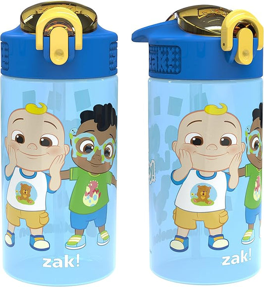 Zak Designs CoComelon Kids Water Bottle with Spout Cover and Built-In Carrying Loop, Made of Durable Plastic, Leak-Proof Water Bottle Design for Travel (16 oz, Pack of 2)