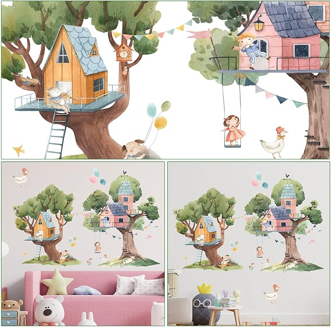 2 PCS Cartoon Tree Wall Stickers House Wall Decals DIY Removable 3D Forest Wall Stickers for Kids Girls Boys Bedroom Nursery Classroom Bathroom Kitchen Playroom Living Room Home Decoration (B)