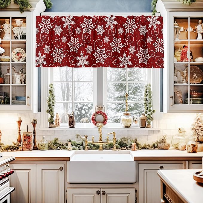 Vandarllin Christmas Kitchen Curtains and Valances Set, Red White Snowflakes Pattern Windows Treatments Tiers Half/Short Curtains for Small Windows Cafe/Living Room/Bedroom 54x24 in Winter