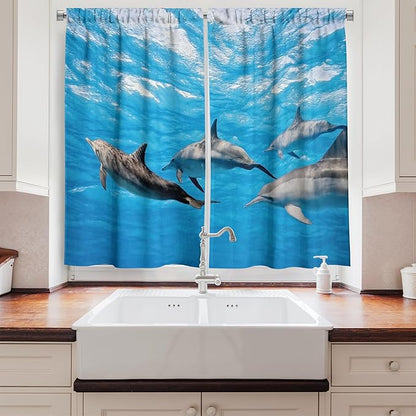 Ambesonne Dolphin Kitchen Curtains, Underwater Photography of Dolphins Happily Swimming Ocean Animal Life Image Print, Window Drapes 2 Panel Set for Kitchen Cafe Decor, 55" x 39", Blue Grey