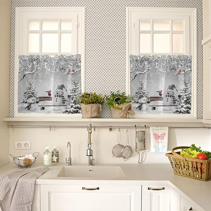 Winter Christmas Kitchen Curtains and Valances Set, Cute Snowman Cardinals Windows Treatments Tiers Half/Short Curtains for Small Windows Cafe /Living Room/ Bedroom 54x24 in GreySnowy Pine Forest