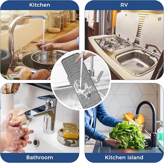 24" Kitchen Sink Faucet Splash Guard Plus Size Silicone Sink Faucet Drying Mat Faucet Handle Drip Catcher Tray Dish Sponge Holder Kitchen Sink Accessories Protector Home Organization Gadgets Organizer