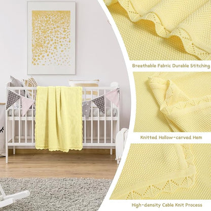 100% Cotton Baby Blanket Knit Soft Warm Lace Toddler Newborn Nursery Blanket, 30 x 40 Inches, Lemon Yellow