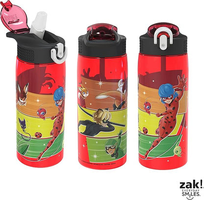 Zak Designs Miraculous Ladybug Water Bottle For School or Travel, 25 oz Durable Plastic Water Bottle With Straw, Handle, and Leak-Proof, Pop-Up Spout Cover