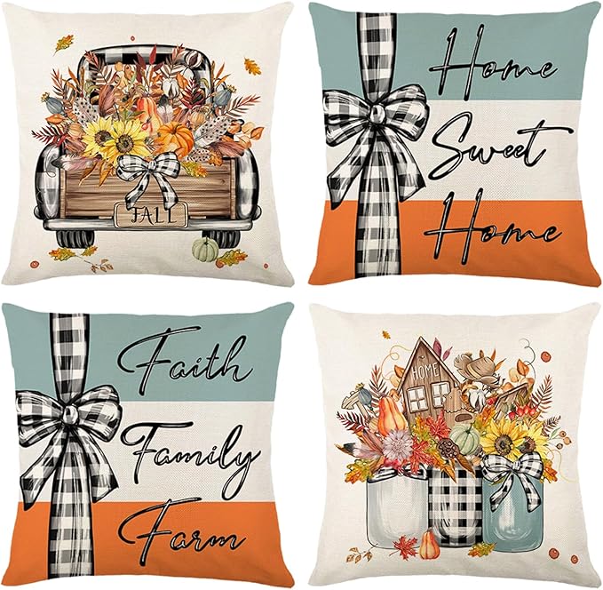 Fall Decorations for Home, Fall Pillow Covers 18x18 Set of 4, Thanksgiving Decorations Autumn Cushion Case for Couch(Fall05)