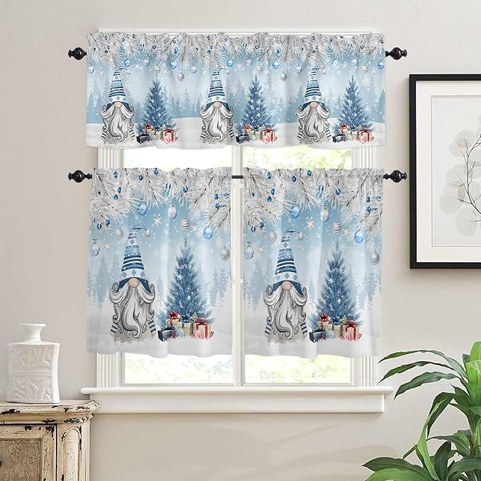 Vandarllin Christmas Gnome Kitchen Curtains and Valances Set, Winter Merry Christmas Tree Balls Windows Treatments Tiers Half/Short Curtains for Small Windows Cafe/Living Room/Bedroom 54x36 in Blue