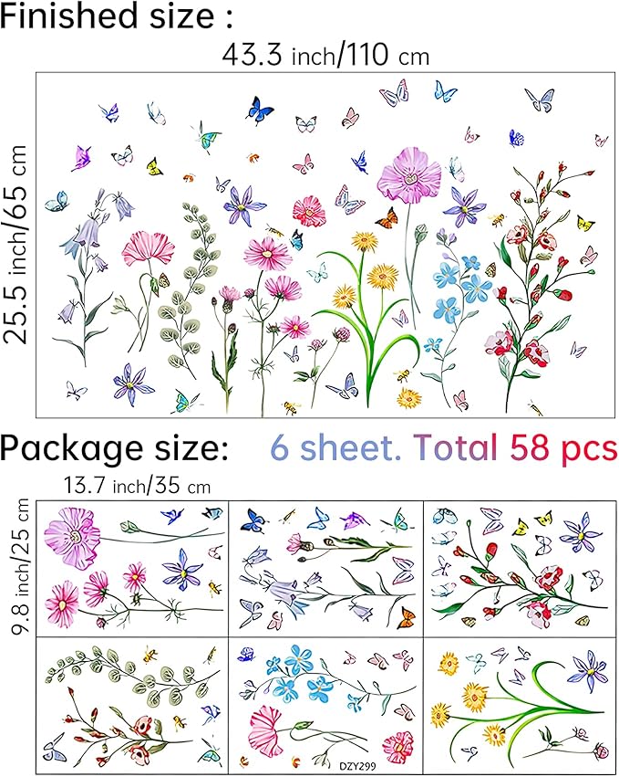 Colorful Flower Wall Stickers with Butterfly and Bee 58 Pcs Removable Flower Wall Decals DIY Peel and Stick Art Wall Decor Mural for Nursery Baby Kids Bedroom Living Room Kitchen Home Decoration