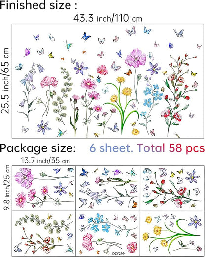 Colorful Flower Wall Stickers with Butterfly and Bee 58 Pcs Removable Flower Wall Decals DIY Peel and Stick Art Wall Decor Mural for Nursery Baby Kids Bedroom Living Room Kitchen Home Decoration