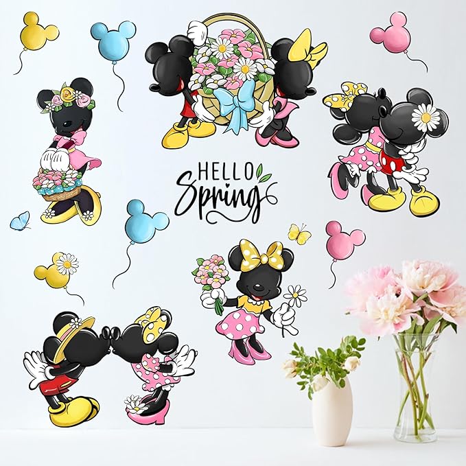 Mfault Hello Spring Cartoon Mouse Wall Decals Stickers, Daisy Flower Basket Balloon Decorations Bedroom Art, Butterfly Polka Dot Seasonal Home Kitchen Decor Party Supplies