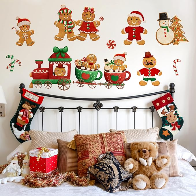 Yovkky Christmas Gingerbread Man Wall Decals Stickers, Xmas Snowman Santa Claus Winter Home Bedroom Decor, 2025 New Year Candy Cane Peppermint Cookie Kitchen Living Room Decorations Art Holiday Gift