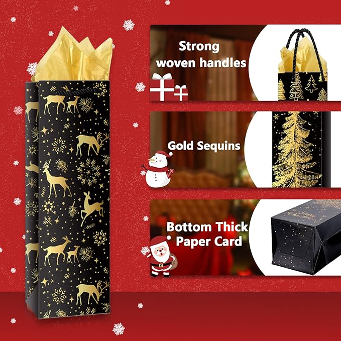 Whaline 12Pcs Christmas Wine Bottle Gift Bags with Gold Tissue Paper Black Gold Xmas Tree Elk Snowflake Bottle Bag with Handle Paper Wine Bag for Winter Party Favor Hostess Gift Home Table Decor