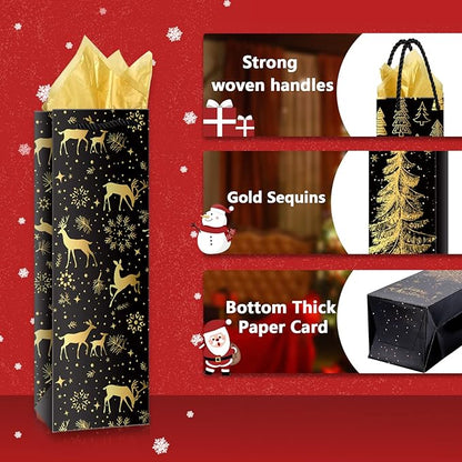 Whaline 12Pcs Christmas Wine Bottle Gift Bags with Gold Tissue Paper Black Gold Xmas Tree Elk Snowflake Bottle Bag with Handle Paper Wine Bag for Winter Party Favor Hostess Gift Home Table Decor