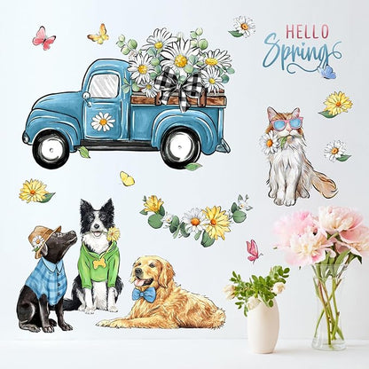 Mfault Hello Spring Dog Cat Wall Decals Stickers, Golden Retriever Puppy Kitty Blue Truck Daisy Flower Decorations Bedroom Art, Eucalyptus Leaves Butterfly Seasonal Home Kitchen Decor Party Supplies