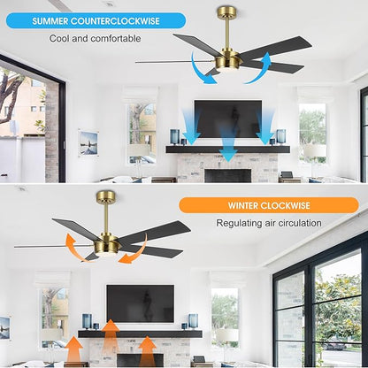 54" Ceiling Fan with Light and Remote Control, Modern Dimmable LED Light, 6-Speed Noiseless Reversible DC Motor, 5 Plywood Ceiling Fan for Kitchen Bedroom Living Room Black/Gold