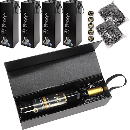 YINGHECX 5 Pack Wine Gift Box, With Handle Magnetic Collapsible Wine Bottle Gift Packaging Champagne Whiskey Liquor for Party Wedding Birthday Christmas With Raffia (Black)