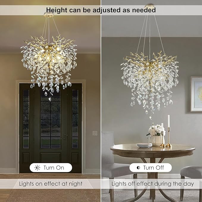 24 inch Crystal Chandelier for Dining Room, Round Gold Tree Branches Chandeliers, Top K9 Crystal Chandelier, Modern Chandeliers for Kitchen,Foyer Entryway,Luxury Adjustable Hanging Chandelier