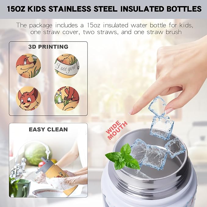 15oz Fox Water Bottle Insulated Stainless Steel, Metal Flask for Boys With Straws and Brush, Christmas Hand Wash Only