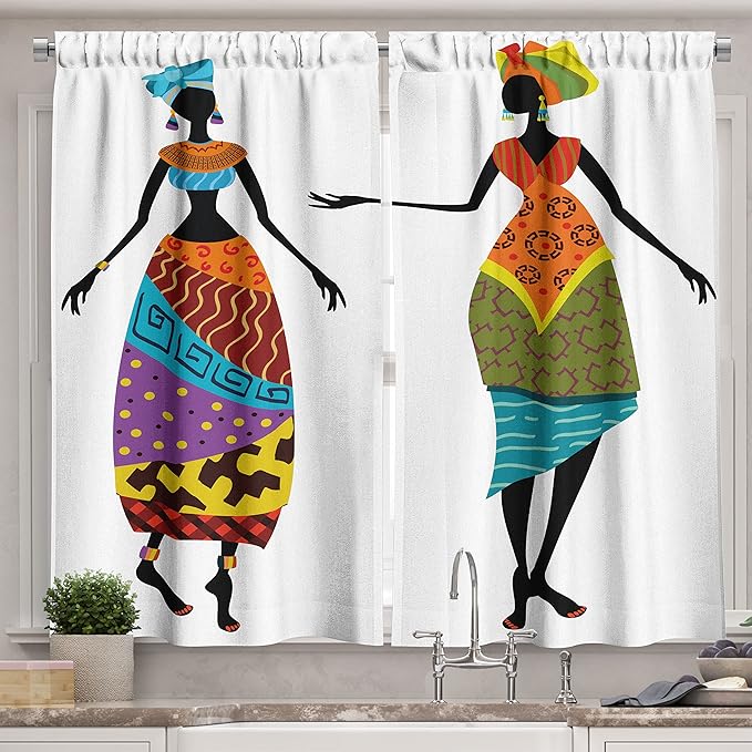 Ambesonne African Kitchen Curtains, Ladies in Traditional Costume Silhouettes Ethnicity Vintage Display, Window Drapes 2 Panel Set for Kitchen Cafe Decor, 55" x 39", Black Orange