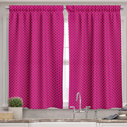 Ambesonne Hot Pink Valance & Tier Curtain 3 pcs Set, Pop Art Inspired Design Retro Pattern of Black Polka Dots Classical Spotted, Window Treatments for Kitchen Room Decor, 55" x 30", Black Pink