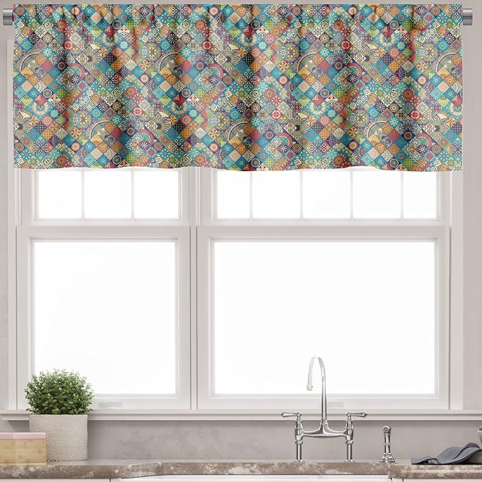 Ambesonne Bohemian Valance & Tier Curtain 3 pcs Set, Geometric Pattern Ornamental Floral Folk Art Abstract, Window Treatments for Kitchen Room Decor, 55" x 45", Blue Cream