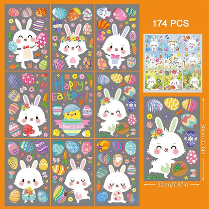 174 PCS Cute Easter Window Cling Stickers for Home Decoration,Easter Bunny Eggs Window Cling Stickers Decals for Kids, Egg Hunt Games Decals Home Party Supplies