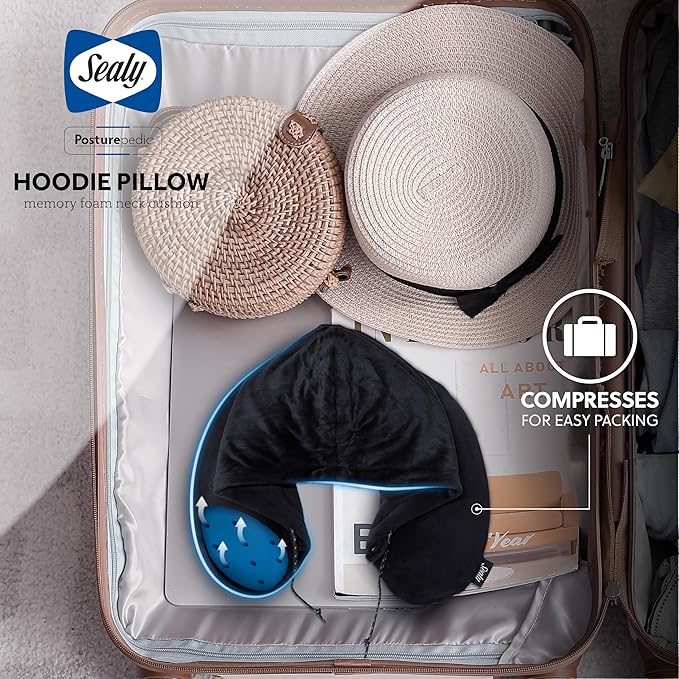 Sealy, Infused-Gel Hooded Travel Pillow with Airflow Memory Foam, Tailored Just for You with Contoured Support, The Ultimate Rest for Flights, Rides, and Your Home, Blocks Cold Drafts, Black