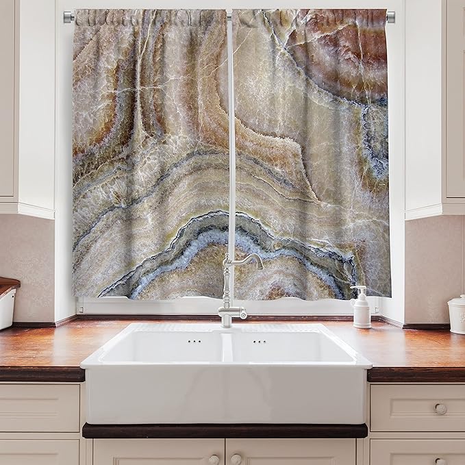 Ambesonne Marble Long Kitchen Curtains, Surreal Onyx Stone Surface Pattern Pale Blue Details Picture, Two Panels Drapes with Rod Pocket Room Decor, 55" x 45", Cinnamon Grey